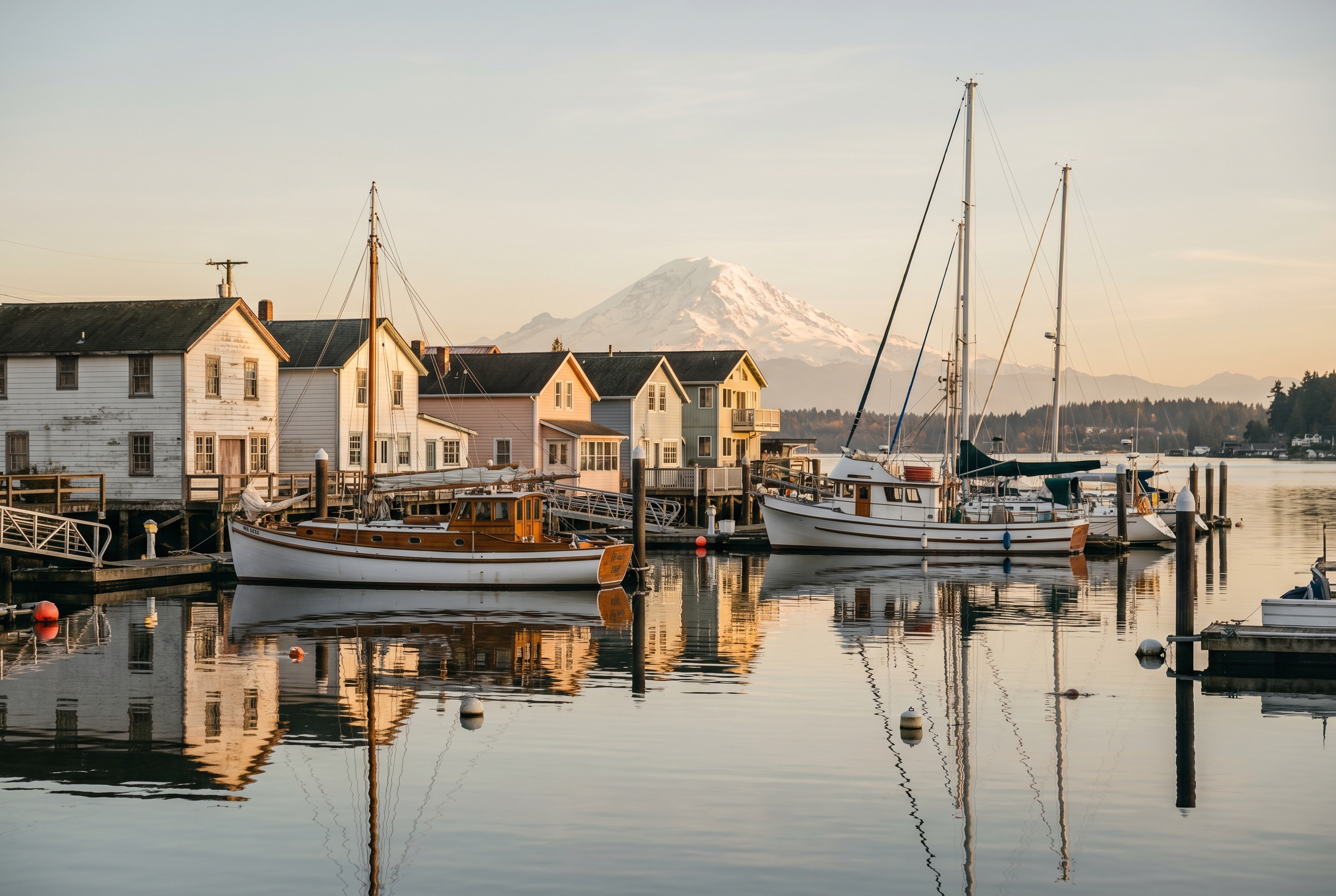 Gig Harbor waterfront with Mount Rainier