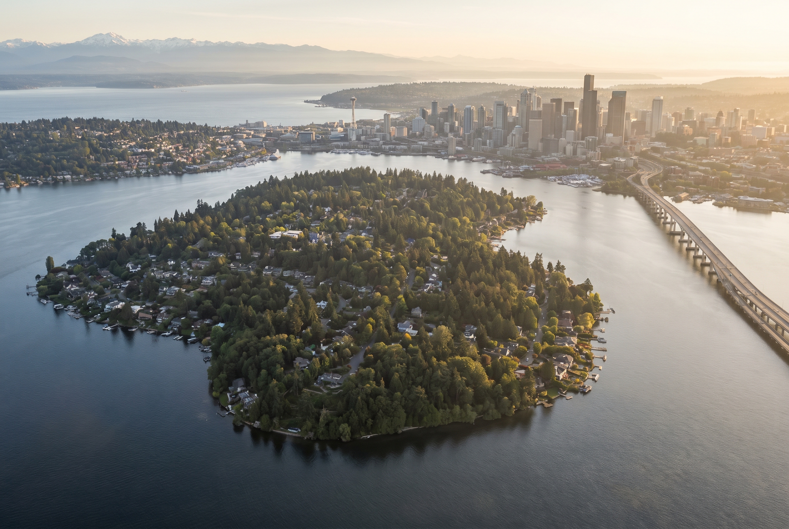 Mercer Island aerial with Seattle skyline