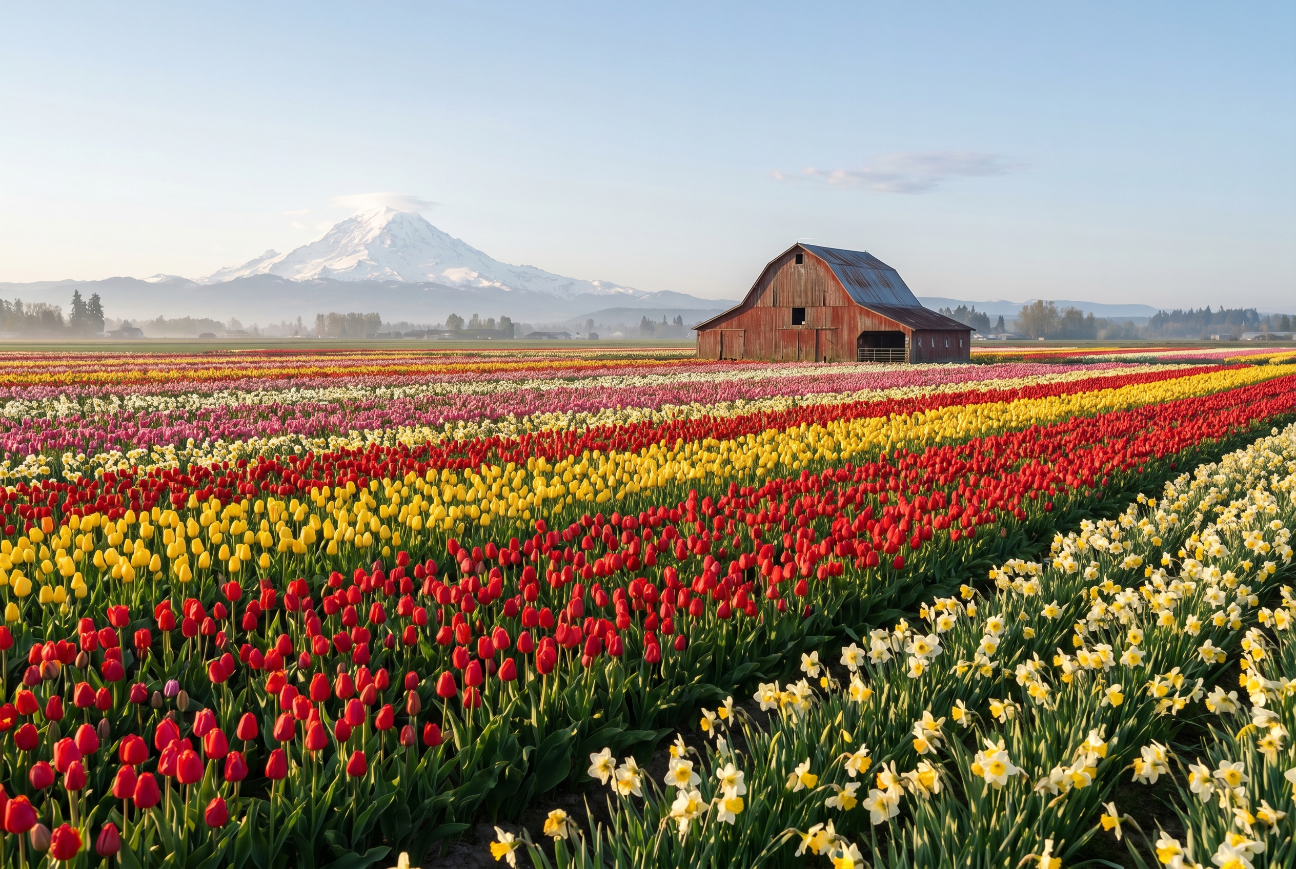 Puyallup Valley tulip fields with Mount Rainier