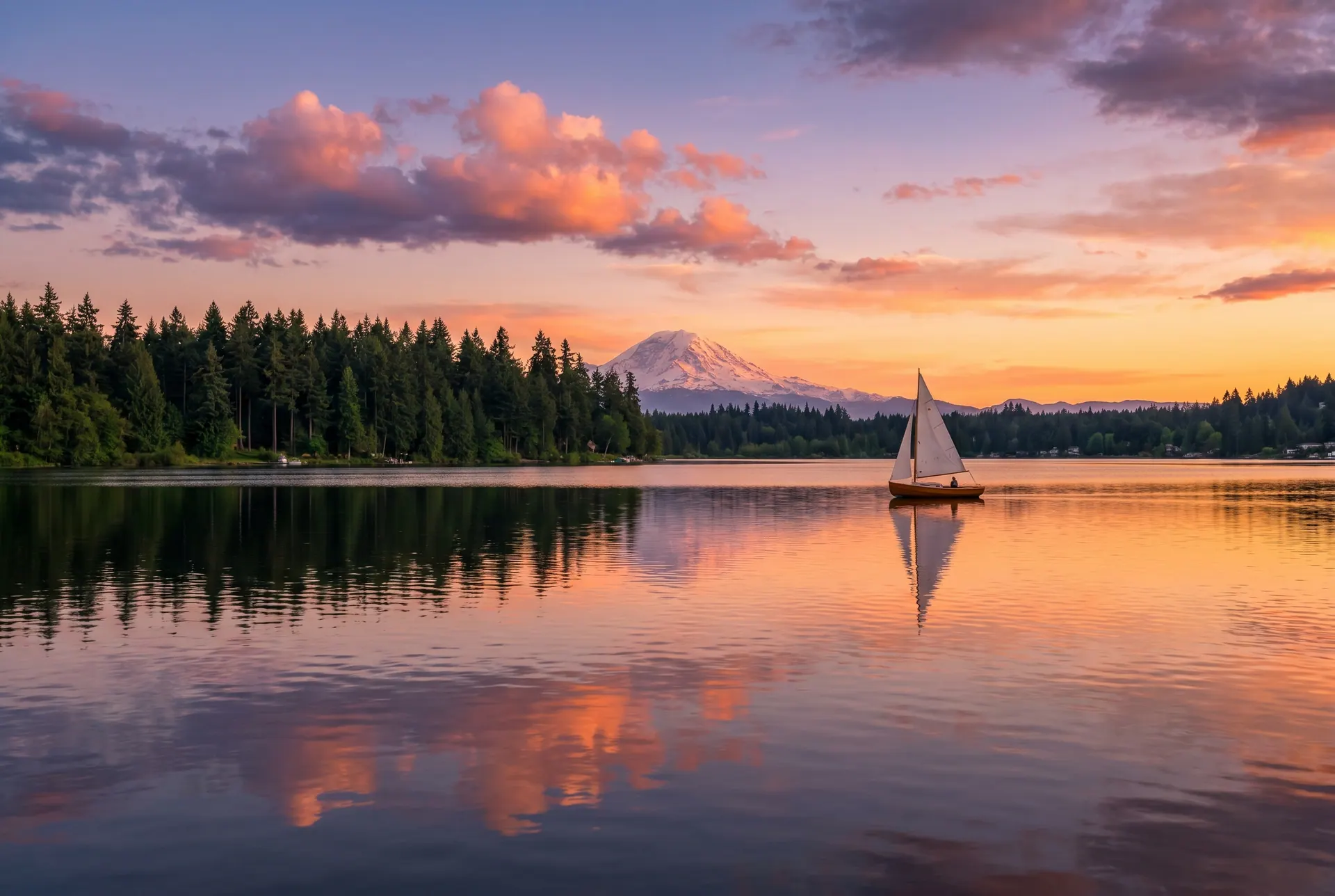 Spanaway Lake sunset with Mount Rainier